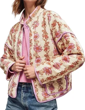 ROJZR Women's Cropped Puffer Quilted Jacket Lightweight Floral Printed Open Front Padded Cardigan Coat Outwear