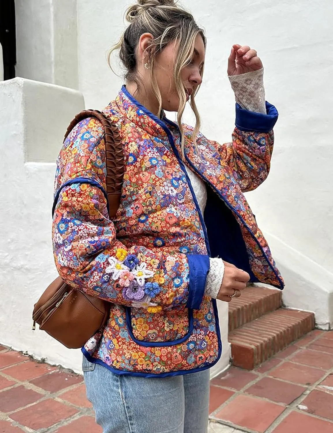 ROJZR Women's Cropped Puffer Quilted Jacket Lightweight Floral Printed Open Front Padded Cardigan Coat Outwear