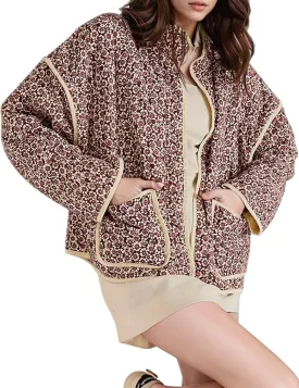 ROJZR Women's Cropped Puffer Quilted Jacket Lightweight Floral Printed Open Front Padded Cardigan Coat Outwear