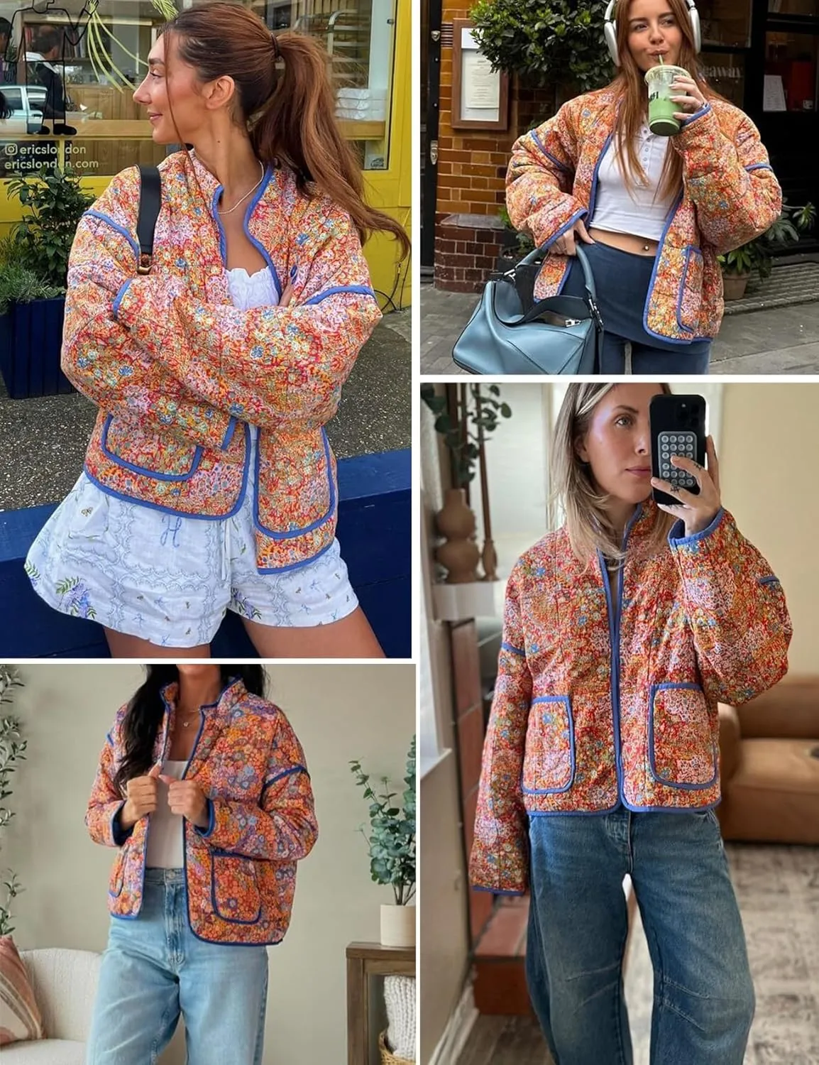 ROJZR Women's Cropped Puffer Quilted Jacket Lightweight Floral Printed Open Front Padded Cardigan Coat Outwear