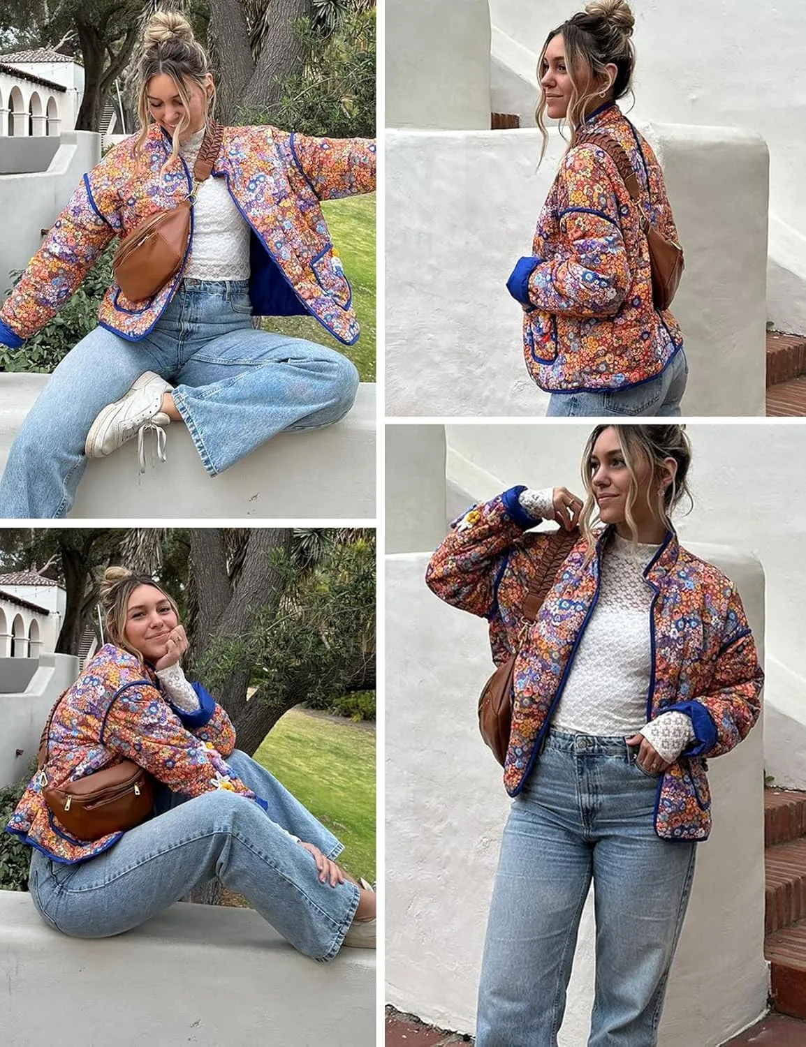 ROJZR Women's Cropped Puffer Quilted Jacket Lightweight Floral Printed Open Front Padded Cardigan Coat Outwear