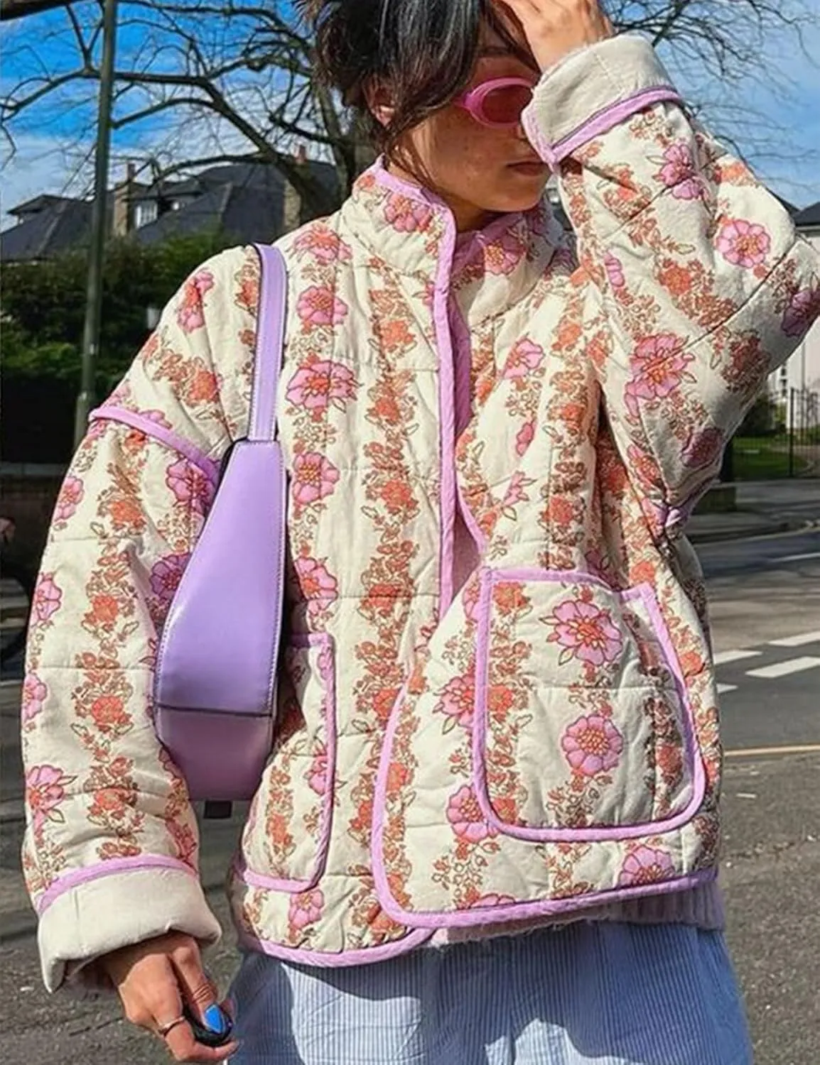 ROJZR Women's Cropped Puffer Quilted Jacket Lightweight Floral Printed Open Front Padded Cardigan Coat Outwear