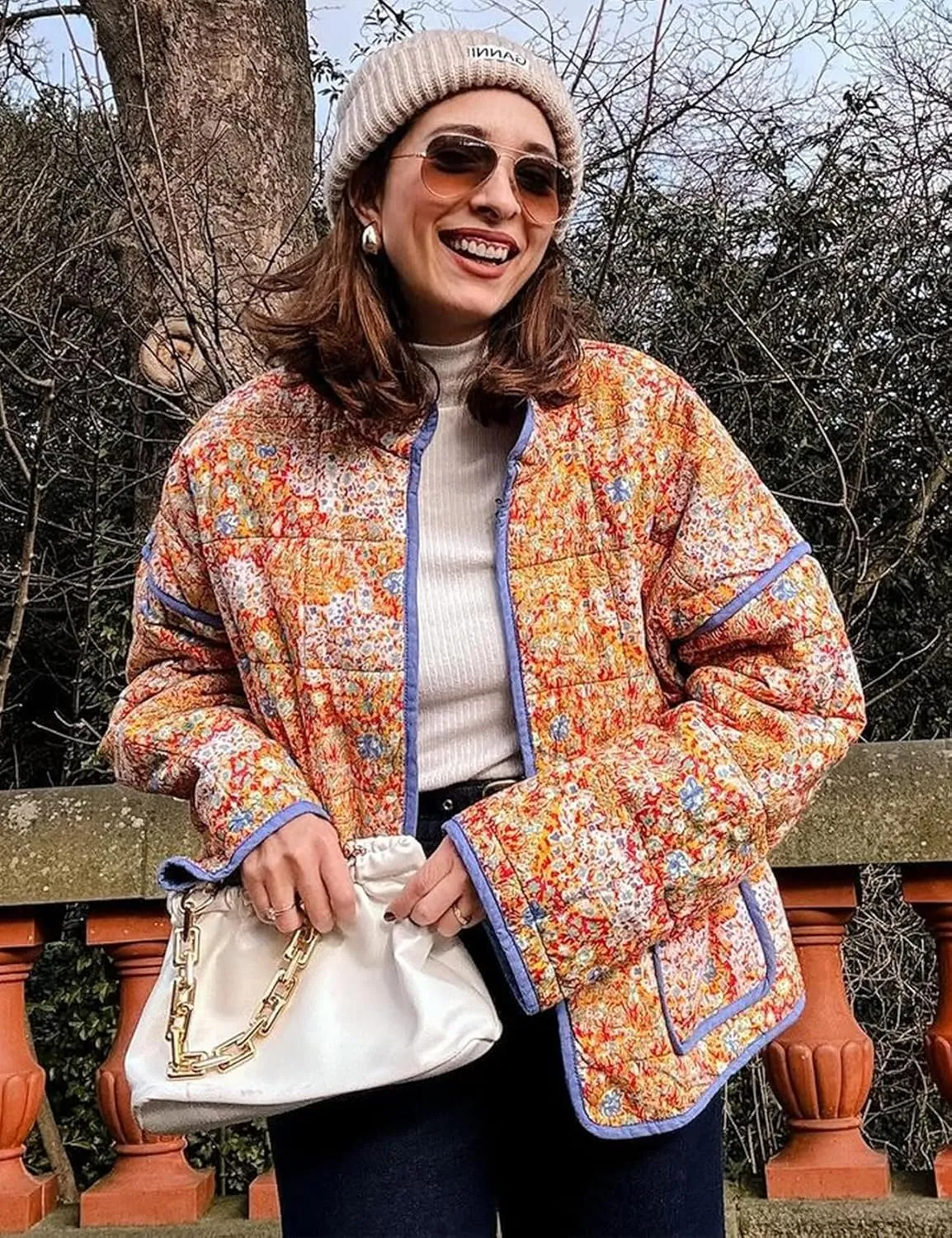ROJZR Women's Cropped Puffer Quilted Jacket Lightweight Floral Printed Open Front Padded Cardigan Coat Outwear