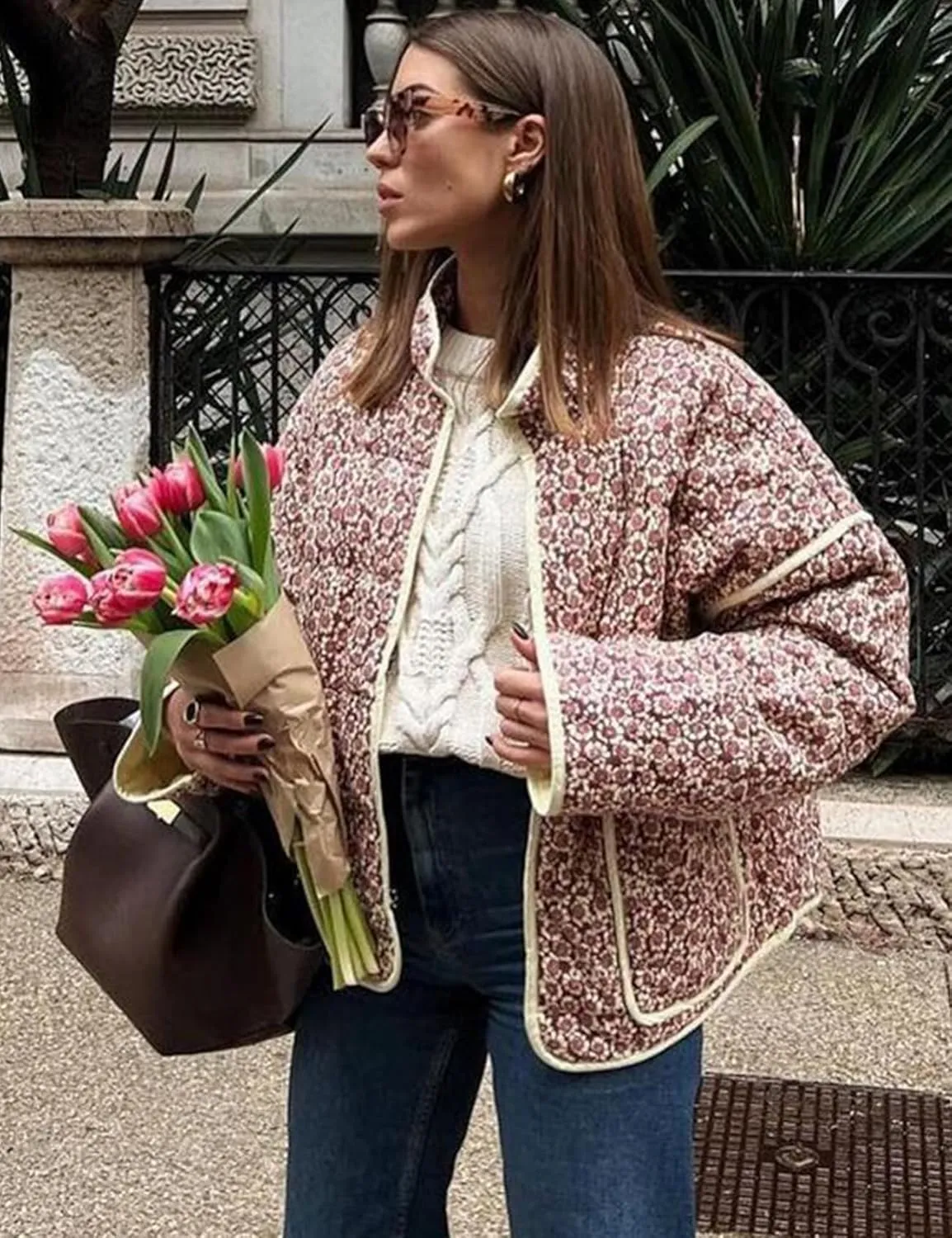 ROJZR Women's Cropped Puffer Quilted Jacket Lightweight Floral Printed Open Front Padded Cardigan Coat Outwear