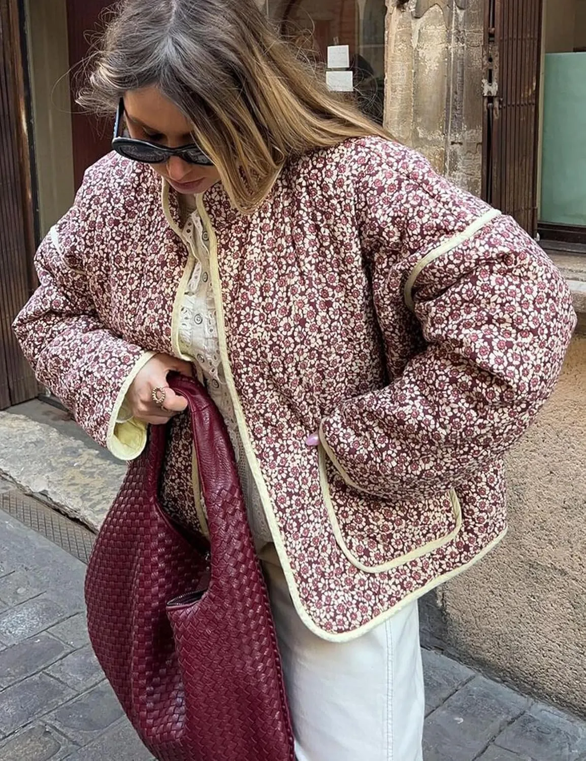 ROJZR Women's Cropped Puffer Quilted Jacket Lightweight Floral Printed Open Front Padded Cardigan Coat Outwear