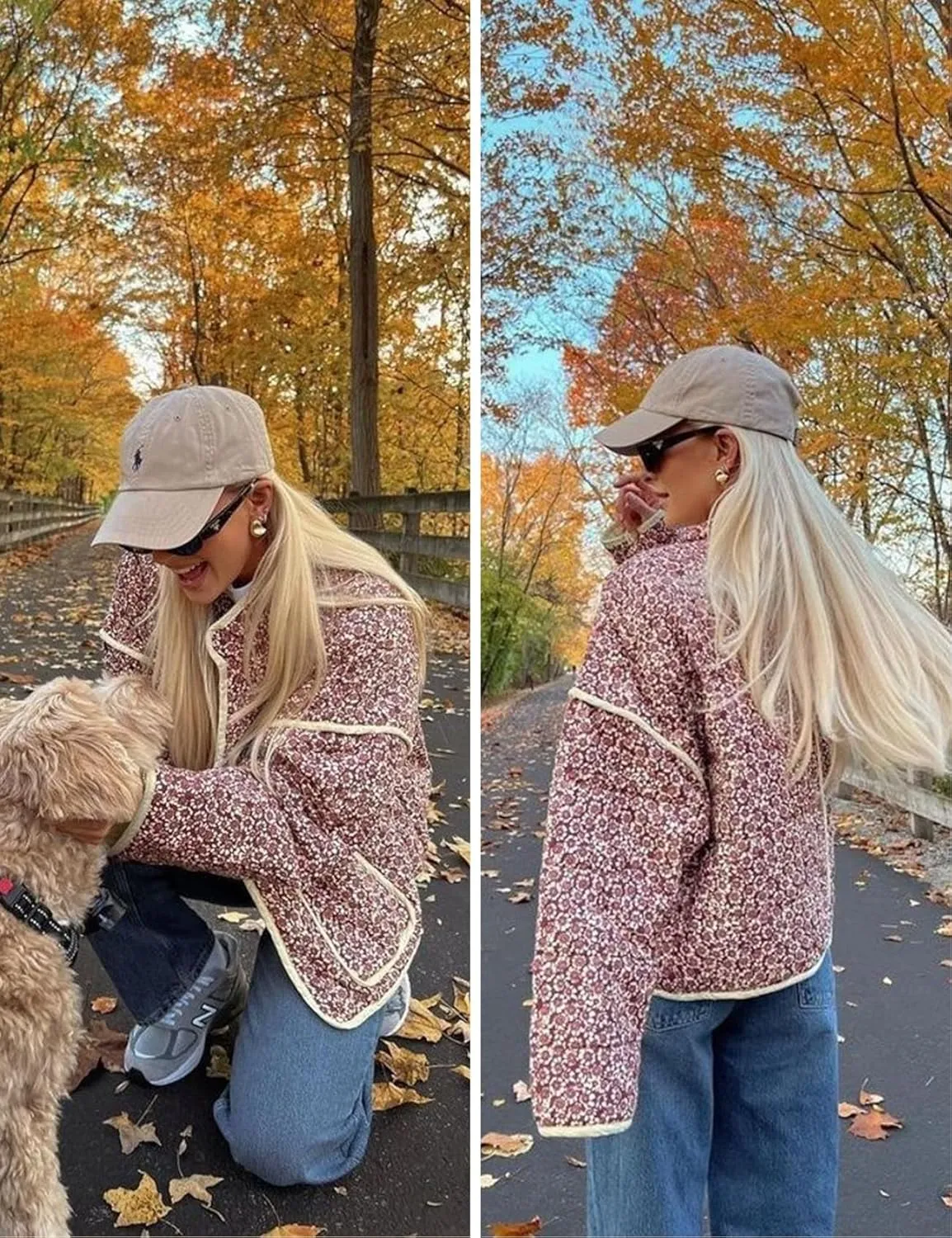 ROJZR Women's Cropped Puffer Quilted Jacket Lightweight Floral Printed Open Front Padded Cardigan Coat Outwear