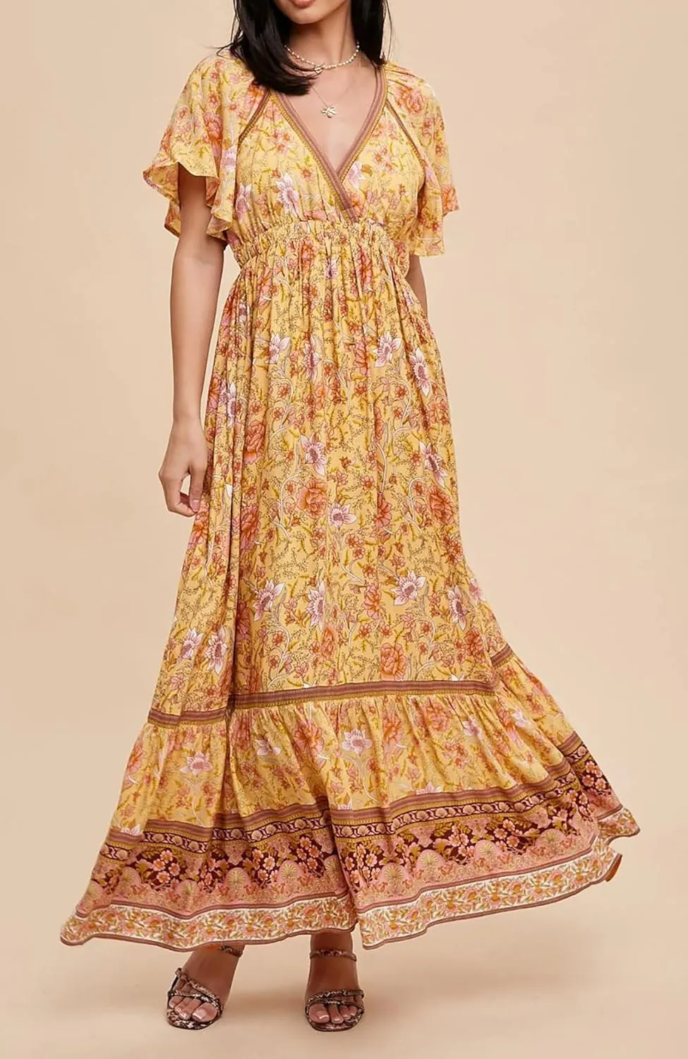 R.Vivimos Women's Summer V Neck Maxi Dress Boho Floral Print Short Sleeve Elastic Waist Ruffle Patchwork A-Line Beach Dress