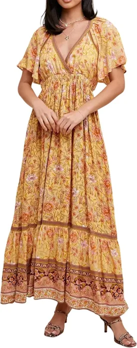 R.Vivimos Women's Summer V Neck Maxi Dress Boho Floral Print Short Sleeve Elastic Waist Ruffle Patchwork A-Line Beach Dress