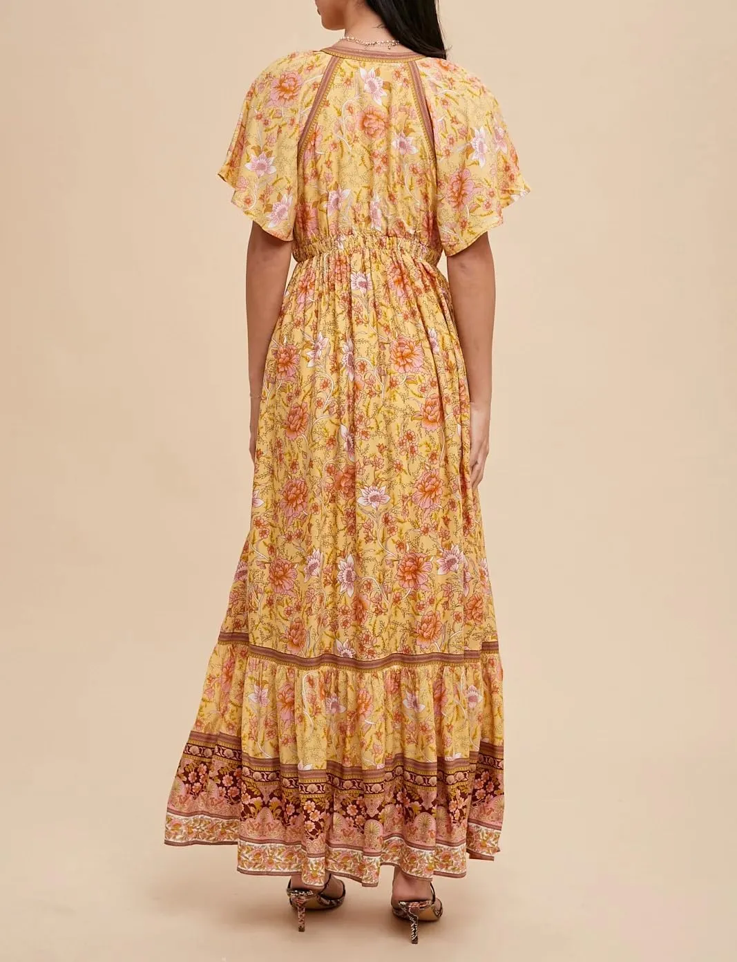R.Vivimos Women's Summer V Neck Maxi Dress Boho Floral Print Short Sleeve Elastic Waist Ruffle Patchwork A-Line Beach Dress