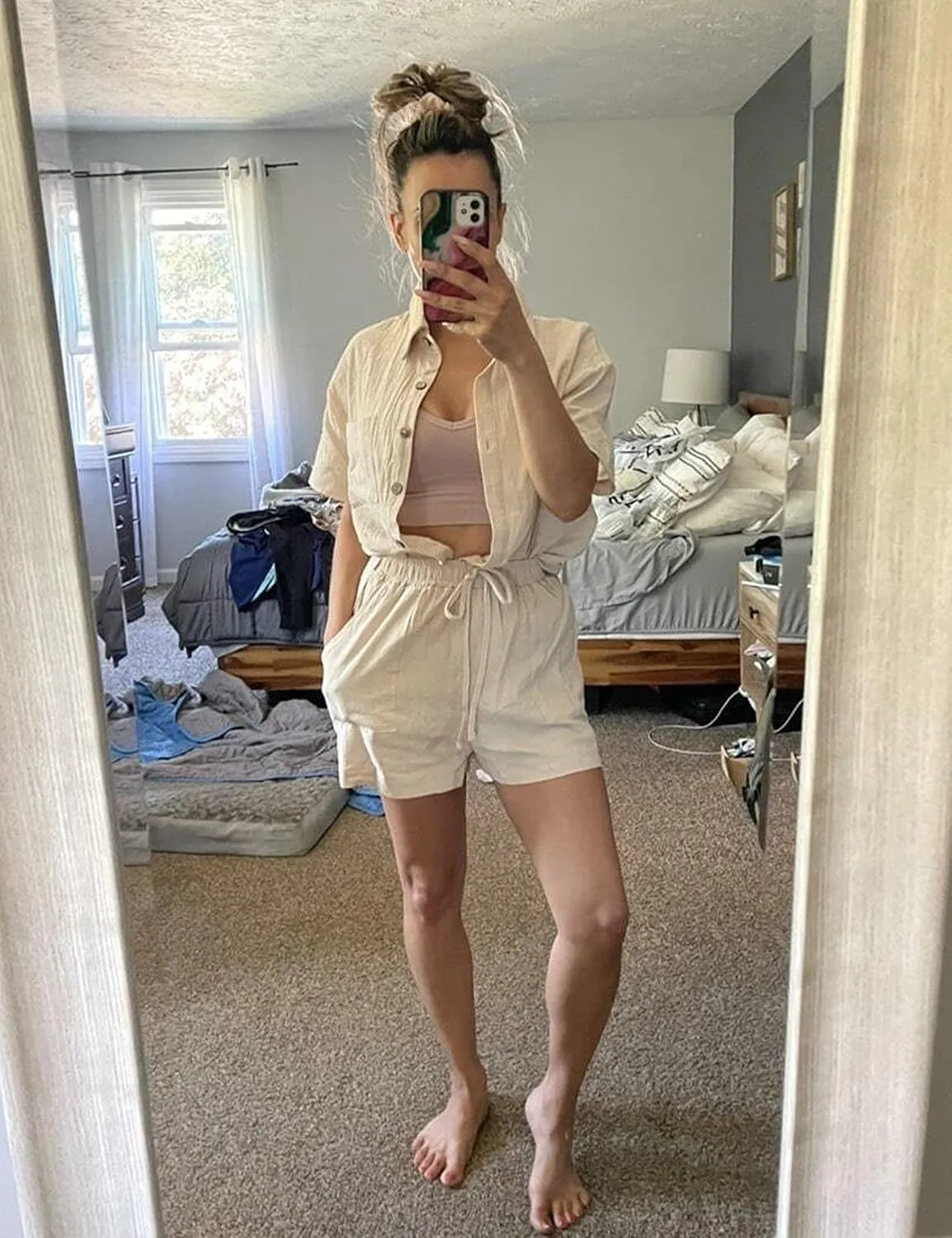 SeekMe Linen Short Sets for Women Short Sleeve Top Shorts 2 Piece Summer Beach Vacation Outfits Lounge Tracksuits