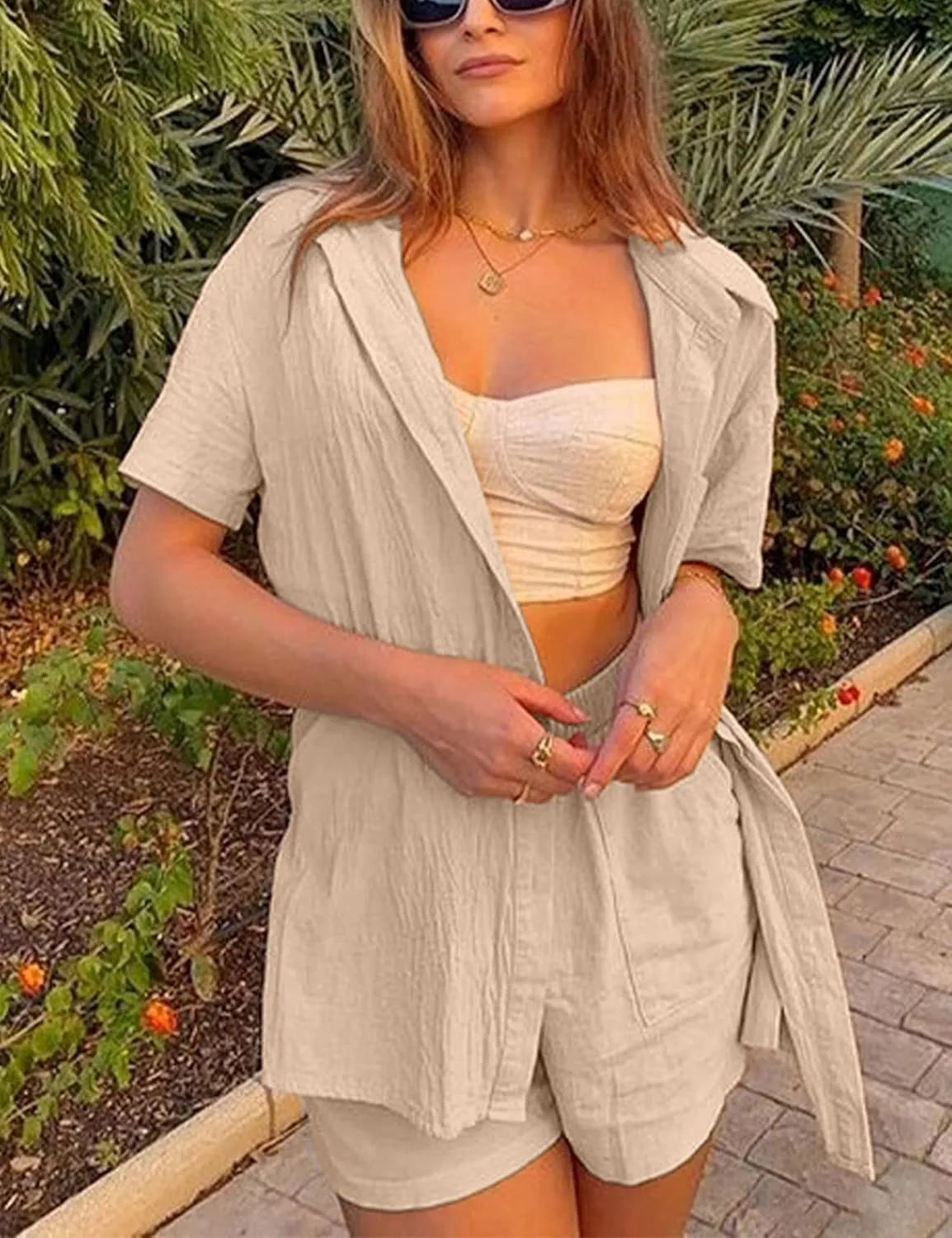 SeekMe Linen Short Sets for Women Short Sleeve Top Shorts 2 Piece Summer Beach Vacation Outfits Lounge Tracksuits
