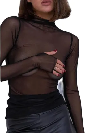 Sheer Mesh Long Sleeve Layering Top for Women Mock Neck Floral Lace Tshirt See Through Tee Shirt Blouse