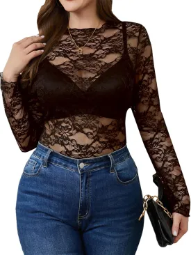 SHENHE Women's Plus Size Floral Lace Mesh Long Sleeve Sheer See Through Crop Top Sexy Blouse Rave Festival