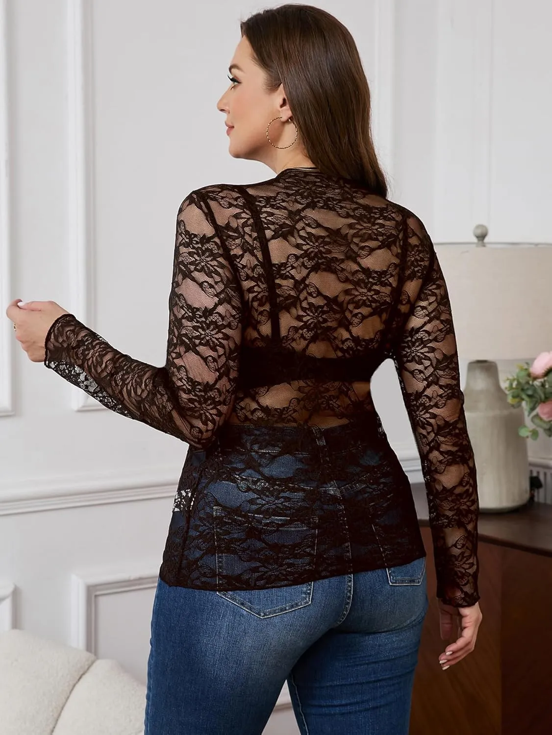 SHENHE Women's Plus Size Floral Lace Mesh Long Sleeve Sheer See Through Crop Top Sexy Blouse Rave Festival