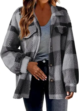 Sherpa Jacket for Women 2024 Winter Fuzzy Plaid Shacket Button Down Lapel Fleece Jacket Soft Warm Teddy Coat Outwear