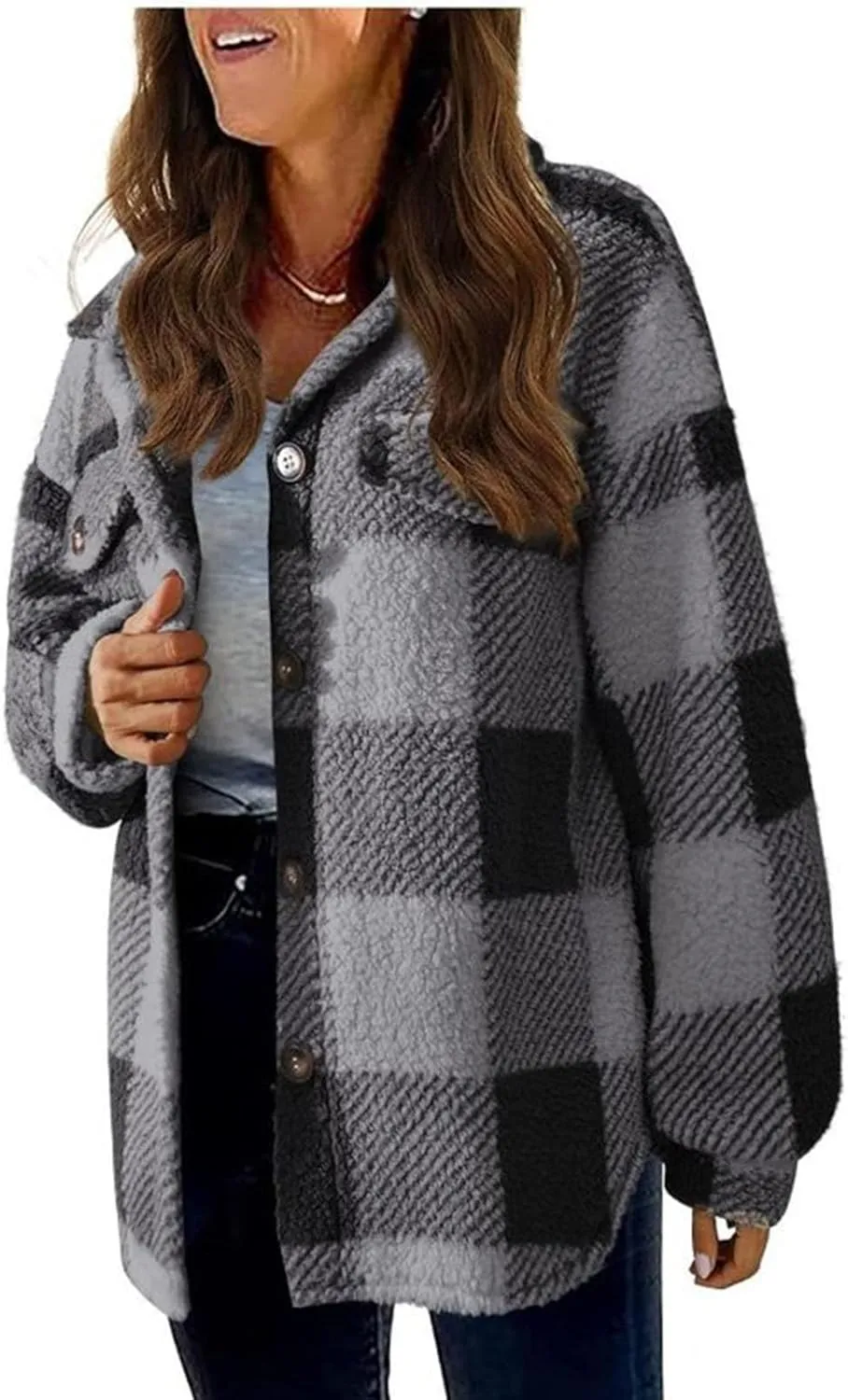 Sherpa Jacket for Women 2024 Winter Fuzzy Plaid Shacket Button Down Lapel Fleece Jacket Soft Warm Teddy Coat Outwear