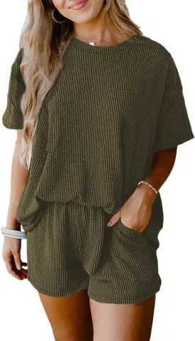SHEWIN Two 2 Piece Sets for Women Short Sleeve Shirts High Waisted Shorts with Pockets Pajamas Lounge Matching Set