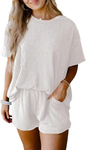SHEWIN Two 2 Piece Sets for Women Short Sleeve Shirts High Waisted Shorts with Pockets Pajamas Lounge Matching Set