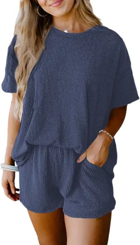 SHEWIN Two 2 Piece Sets for Women Short Sleeve Shirts High Waisted Shorts with Pockets Pajamas Lounge Matching Set