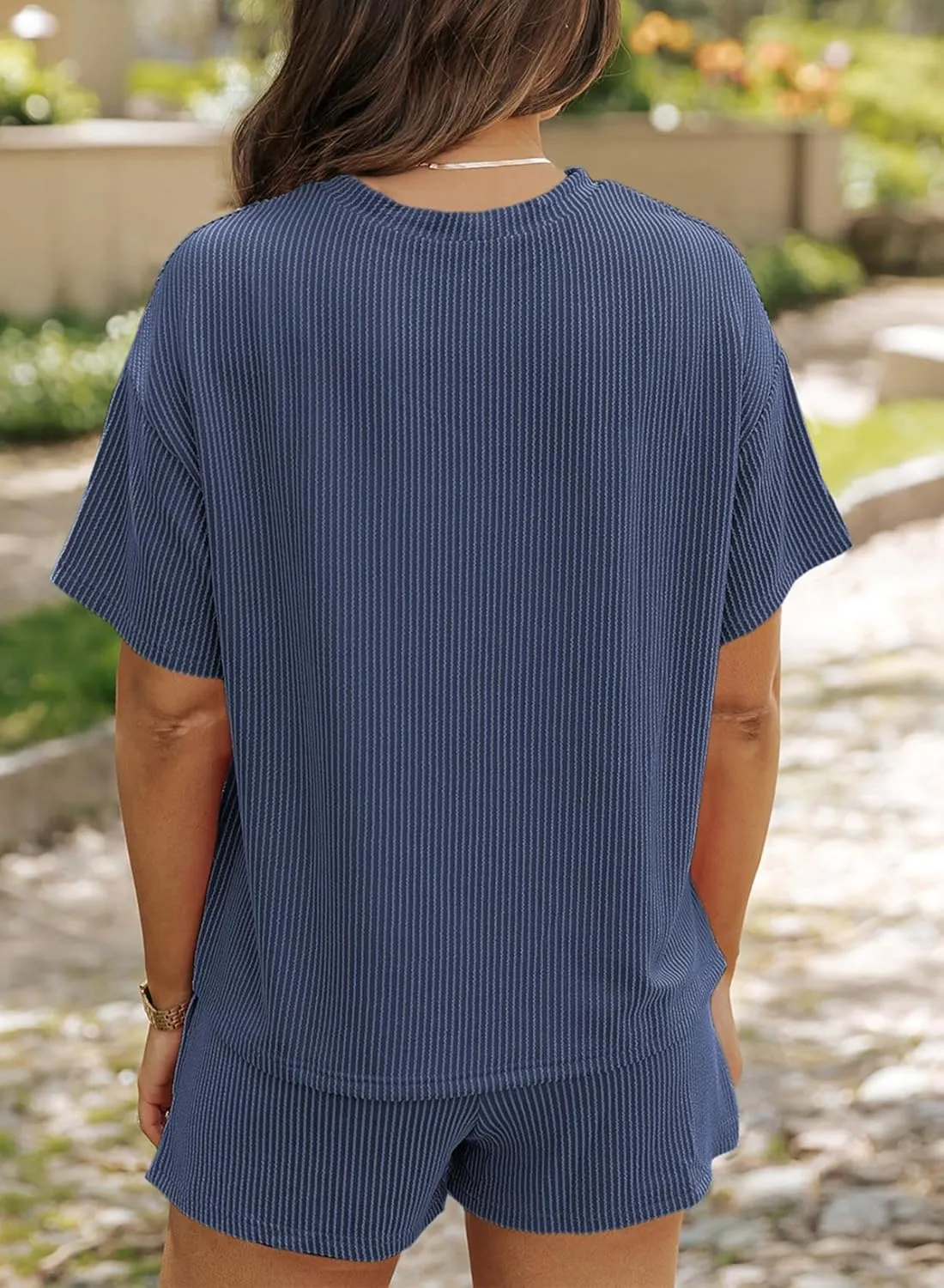 SHEWIN Two 2 Piece Sets for Women Short Sleeve Shirts High Waisted Shorts with Pockets Pajamas Lounge Matching Set