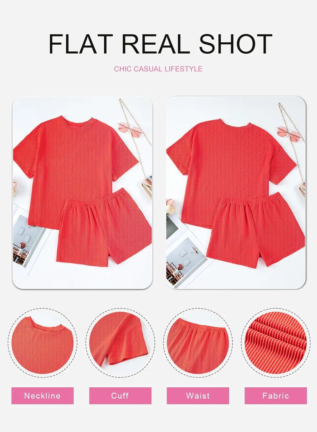 SHEWIN Two 2 Piece Sets for Women Short Sleeve Shirts High Waisted Shorts with Pockets Pajamas Lounge Matching Set