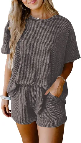 SHEWIN Two 2 Piece Sets for Women Short Sleeve Shirts High Waisted Shorts with Pockets Pajamas Lounge Matching Set