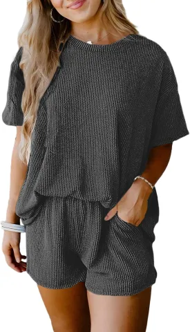 SHEWIN Two 2 Piece Sets for Women Short Sleeve Shirts High Waisted Shorts with Pockets Pajamas Lounge Matching Set