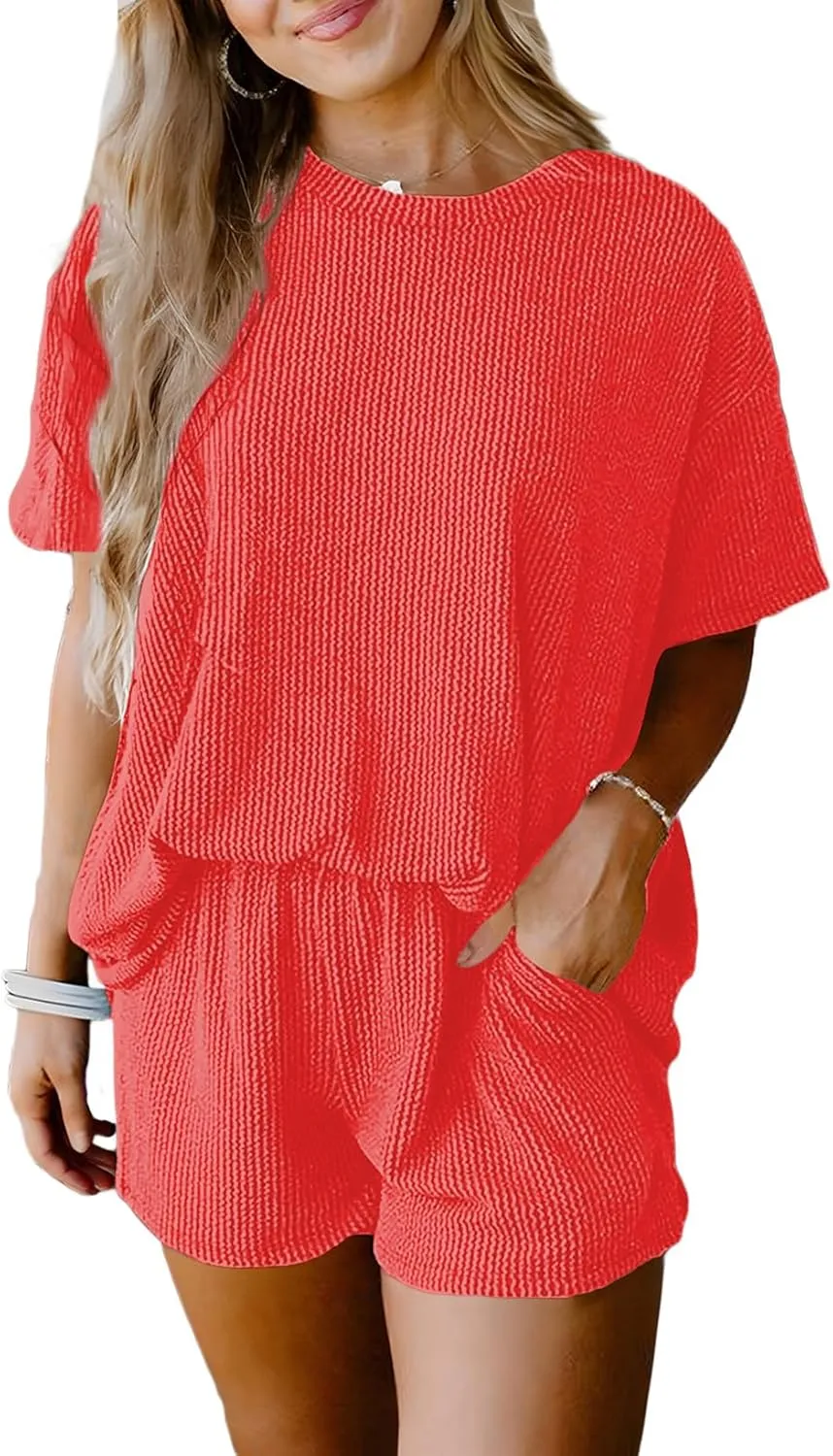 SHEWIN Two 2 Piece Sets for Women Short Sleeve Shirts High Waisted Shorts with Pockets Pajamas Lounge Matching Set