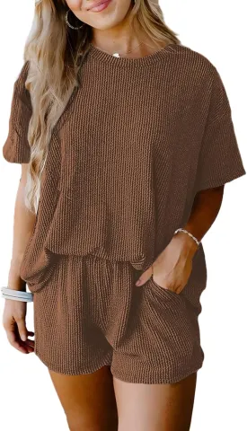 SHEWIN Two 2 Piece Sets for Women Short Sleeve Shirts High Waisted Shorts with Pockets Pajamas Lounge Matching Set