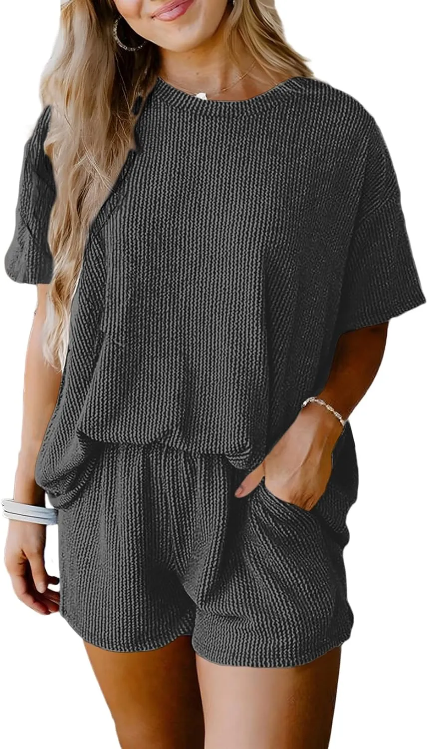SHEWIN Two 2 Piece Sets for Women Short Sleeve Shirts High Waisted Shorts with Pockets Pajamas Lounge Matching Set