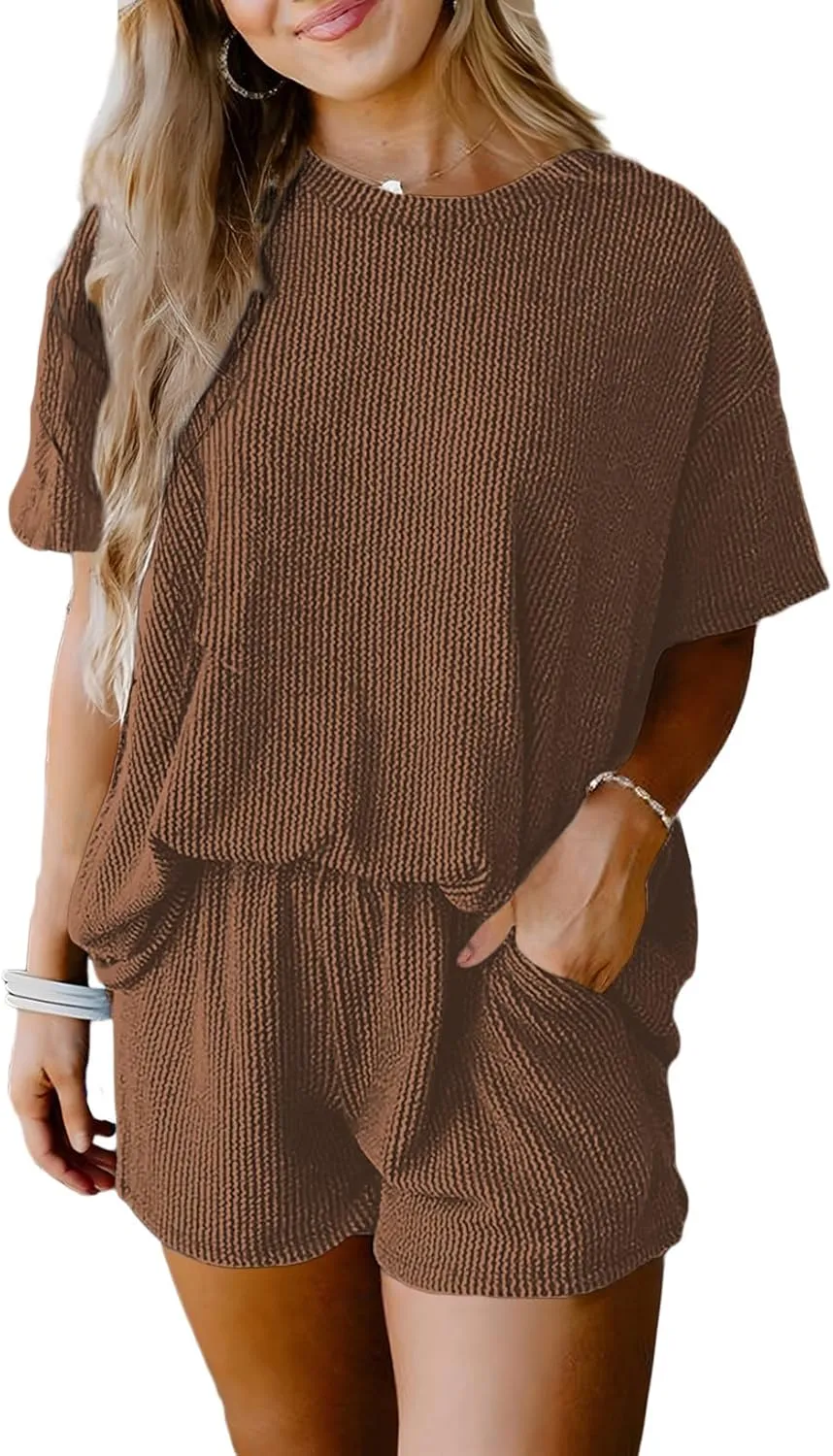 SHEWIN Two 2 Piece Sets for Women Short Sleeve Shirts High Waisted Shorts with Pockets Pajamas Lounge Matching Set