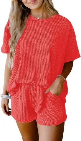 SHEWIN Two 2 Piece Sets for Women Short Sleeve Shirts High Waisted Shorts with Pockets Pajamas Lounge Matching Set
