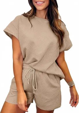 SHEWIN Women's 2 Piece Outfits Lounge Sets Casual Short Sleeve Shirts Shorts Cozy Pajamas Sweatsuit Set