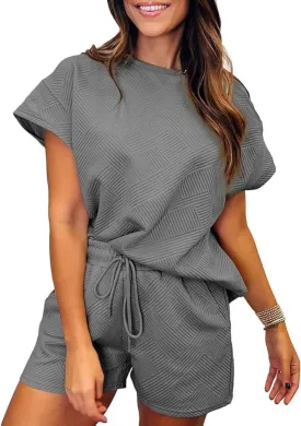 SHEWIN Women's 2 Piece Outfits Lounge Sets Casual Short Sleeve Shirts Shorts Cozy Pajamas Sweatsuit Set