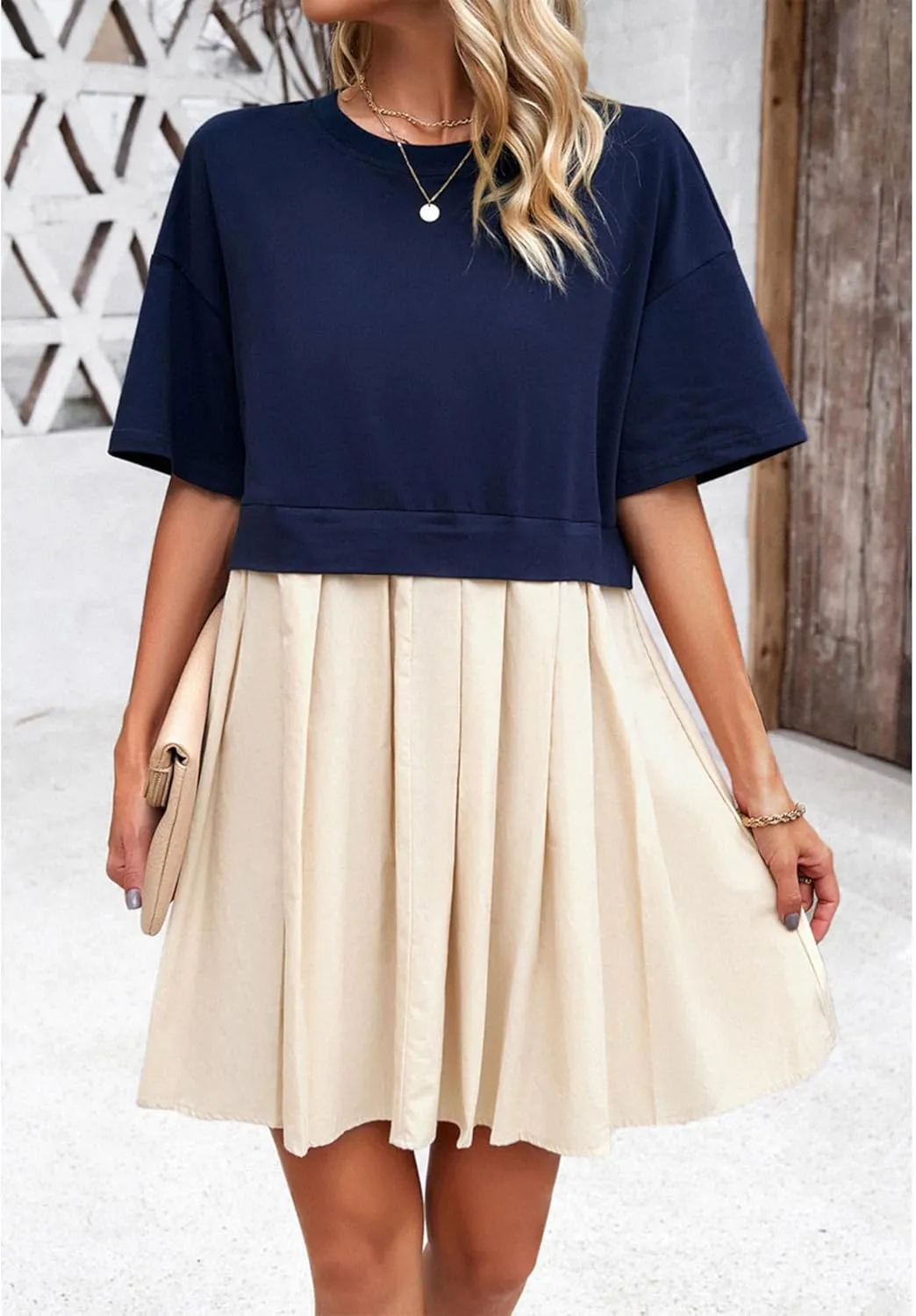 SOMTHRON Women's Oversized Sweatshirt Dress Patchwork Crewneck Short Sleeve Pullover Tops Flowy Pleated Sweatshirt Mini Dress