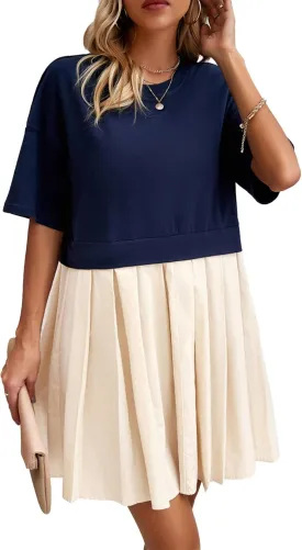 SOMTHRON Women's Oversized Sweatshirt Dress Patchwork Crewneck Short Sleeve Pullover Tops Flowy Pleated Sweatshirt Mini Dress