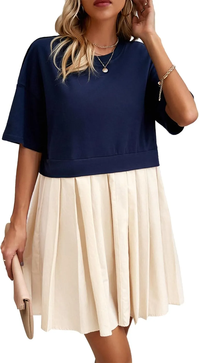 SOMTHRON Women's Oversized Sweatshirt Dress Patchwork Crewneck Short Sleeve Pullover Tops Flowy Pleated Sweatshirt Mini Dress