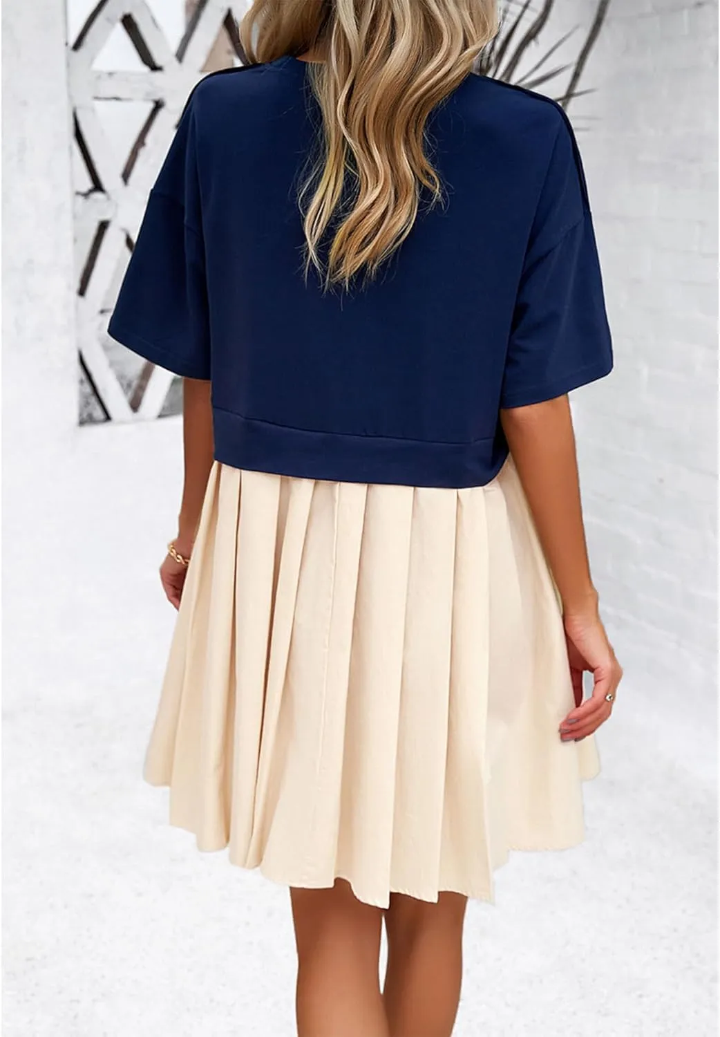 SOMTHRON Women's Oversized Sweatshirt Dress Patchwork Crewneck Short Sleeve Pullover Tops Flowy Pleated Sweatshirt Mini Dress