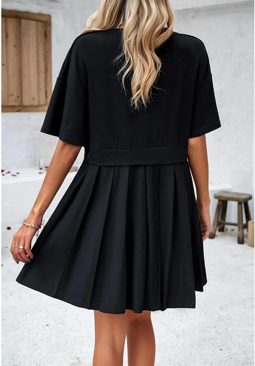 SOMTHRON Women's Oversized Sweatshirt Dress Patchwork Crewneck Short Sleeve Pullover Tops Flowy Pleated Sweatshirt Mini Dress