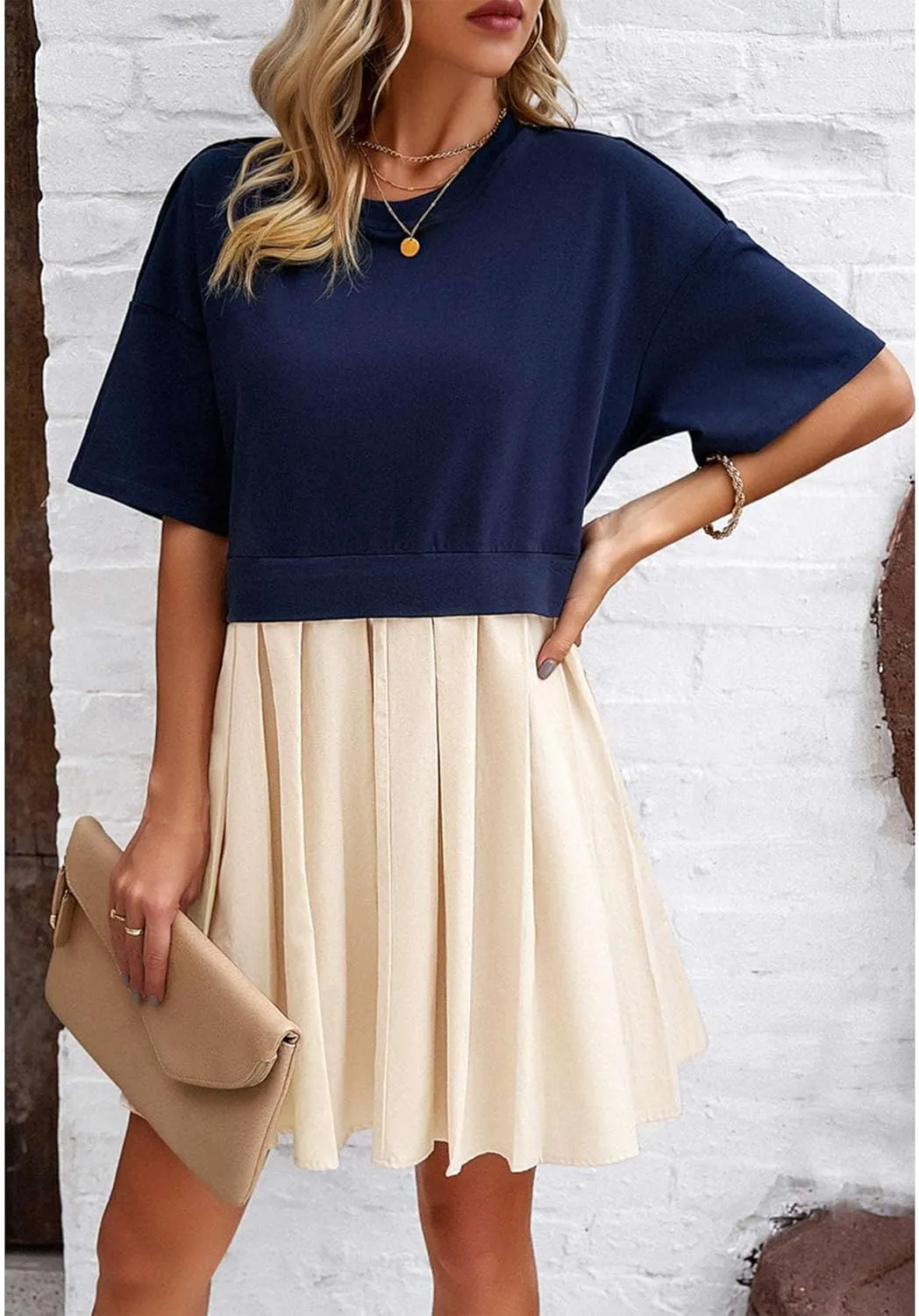 SOMTHRON Women's Oversized Sweatshirt Dress Patchwork Crewneck Short Sleeve Pullover Tops Flowy Pleated Sweatshirt Mini Dress