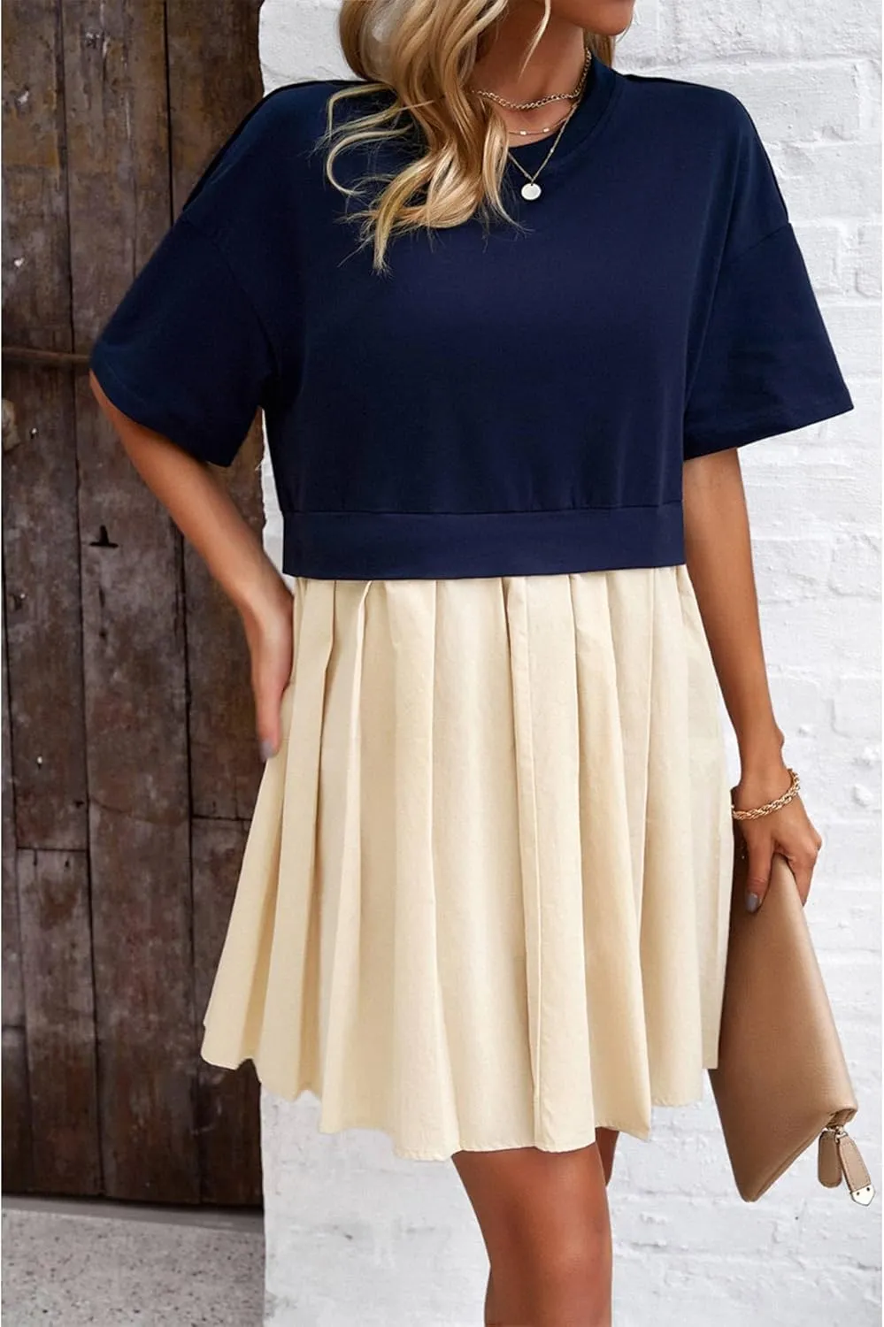 SOMTHRON Women's Oversized Sweatshirt Dress Patchwork Crewneck Short Sleeve Pullover Tops Flowy Pleated Sweatshirt Mini Dress