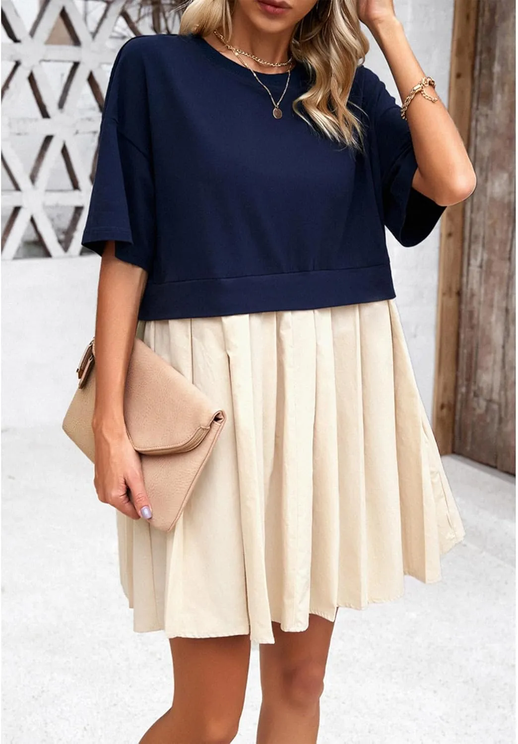 SOMTHRON Women's Oversized Sweatshirt Dress Patchwork Crewneck Short Sleeve Pullover Tops Flowy Pleated Sweatshirt Mini Dress