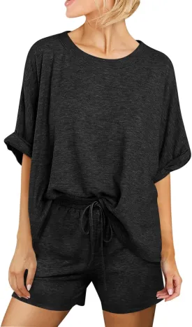 Tankaneo Womens 2 Piece Lounge Sets Oversized Short Sleeve T-shirts Drawstring Shorts Pajamas Summer Outfits