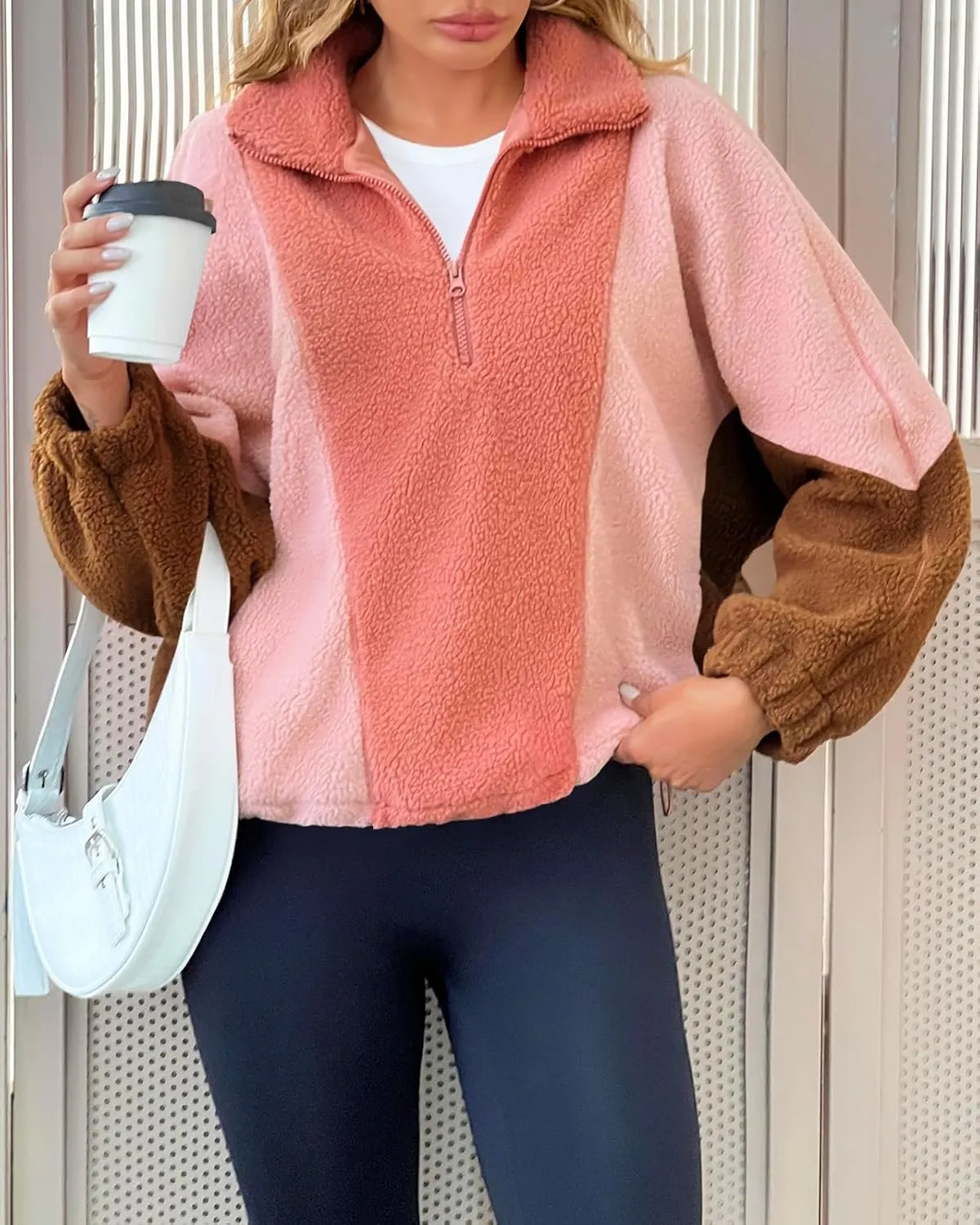 Tankaneo Womens Oversized Fleece Sweatshirt Quarter Zip Sherpa Pullover Winter Long Sleeve Color Block Tops