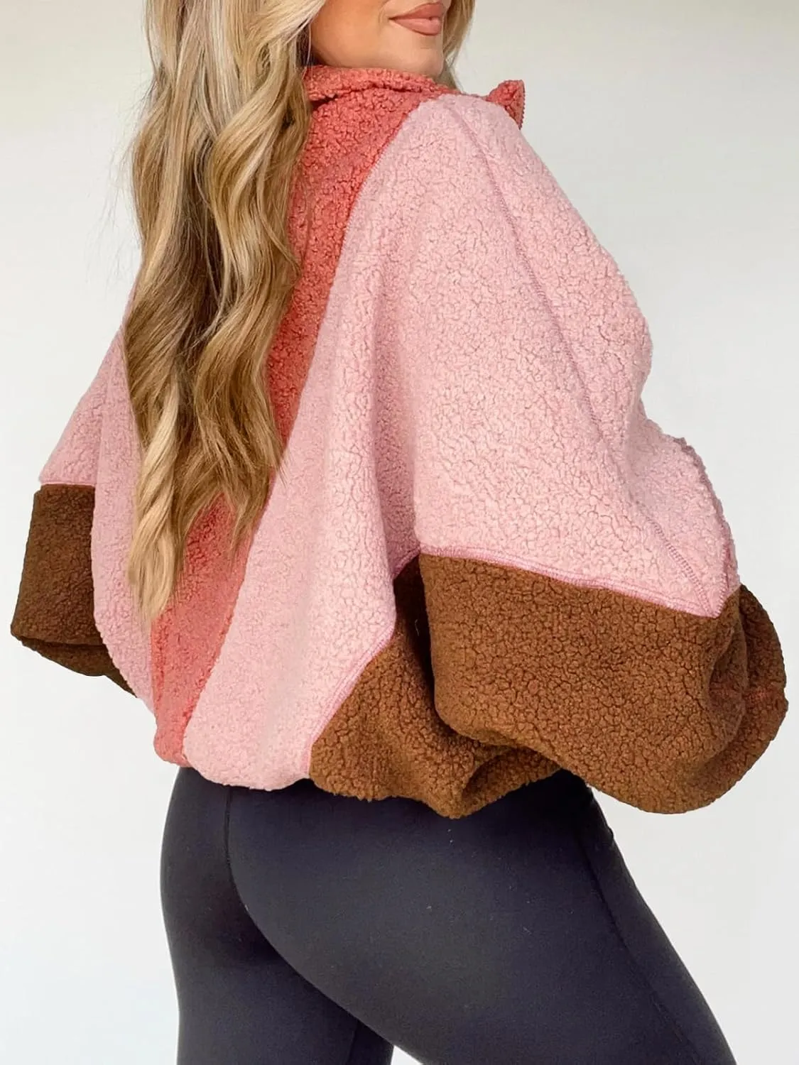 Tankaneo Womens Oversized Fleece Sweatshirt Quarter Zip Sherpa Pullover Winter Long Sleeve Color Block Tops