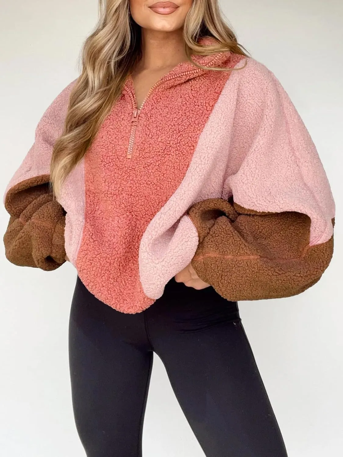 Tankaneo Womens Oversized Fleece Sweatshirt Quarter Zip Sherpa Pullover Winter Long Sleeve Color Block Tops