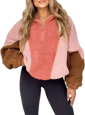 Tankaneo Womens Oversized Fleece Sweatshirt Quarter Zip Sherpa Pullover Winter Long Sleeve Color Block Tops
