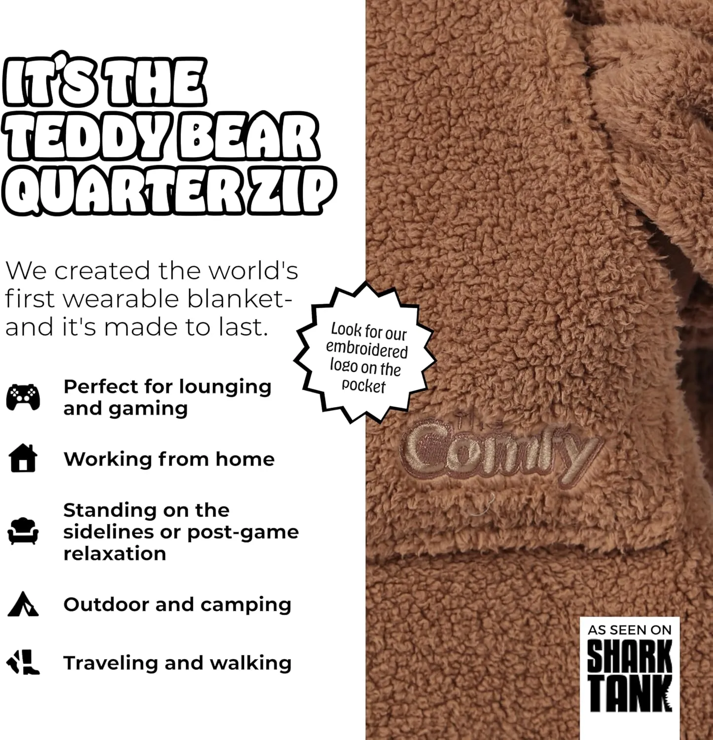 THE COMFY Teddy Bear Quarter Zip - Oversized Wearable Blanket With Hood As Seen On Shark Tank, Sherpa Blanket With Pocket