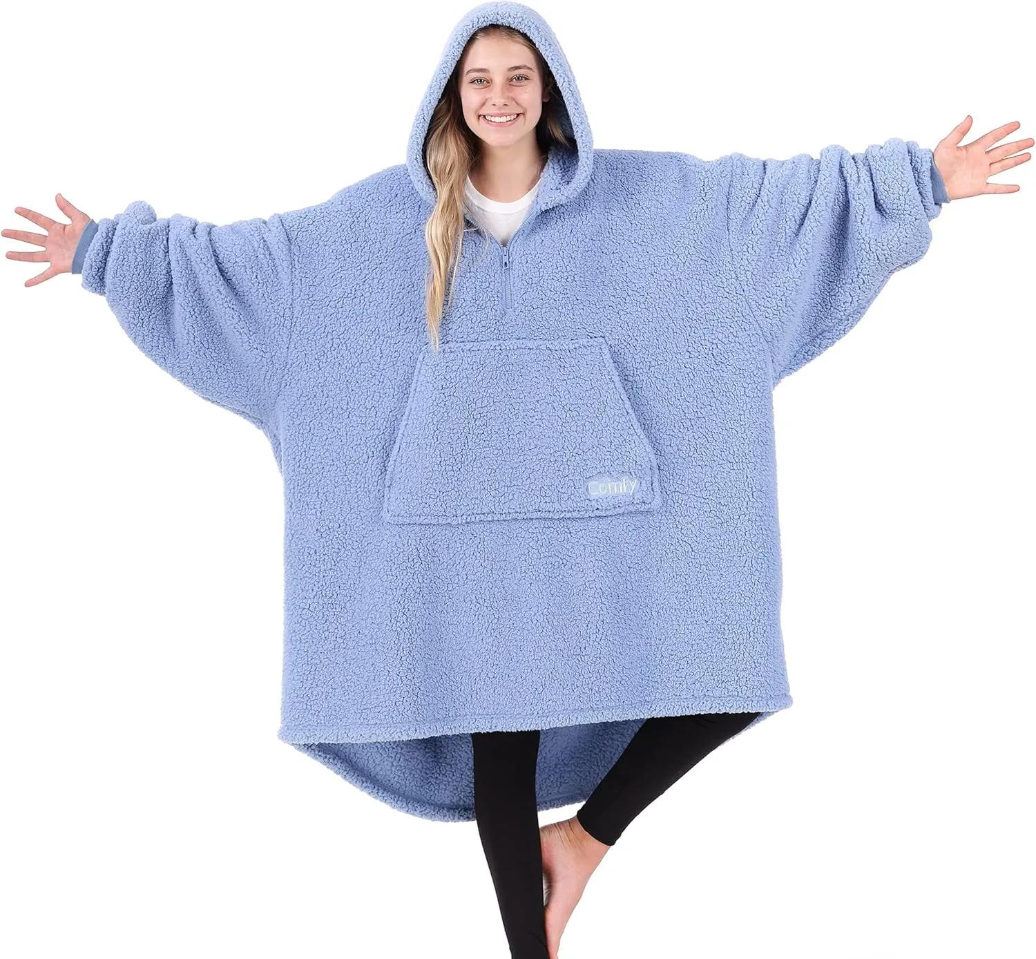 THE COMFY Teddy Bear Quarter Zip - Oversized Wearable Blanket With Hood As Seen On Shark Tank, Sherpa Blanket With Pocket