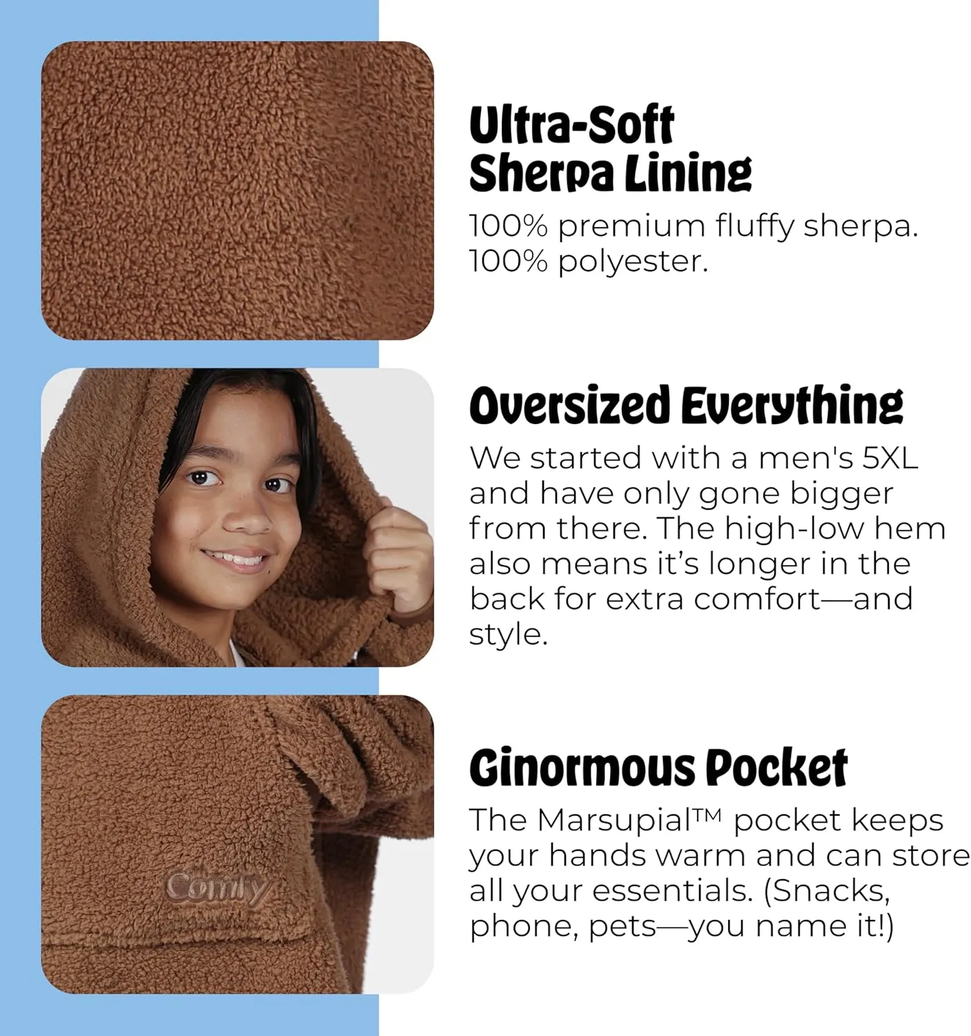 THE COMFY Teddy Bear Quarter Zip - Oversized Wearable Blanket With Hood As Seen On Shark Tank, Sherpa Blanket With Pocket
